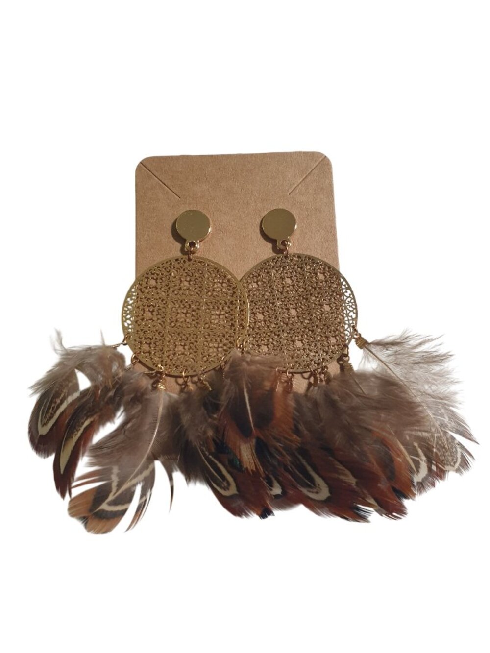 Gold Round Filigree Feather Dangle Earrings Handmade Boho Gift Lightweight 3.75"